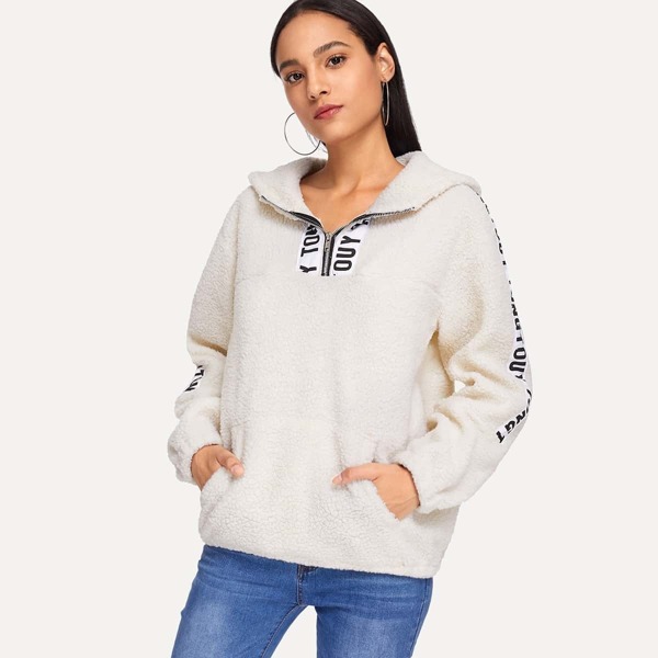 

Letter Print Teddy Hooded Sweatshirt