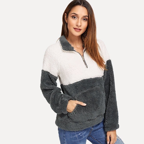 

Drop Shoulder Color-Block Teddy Sweatshirt, Multicolor