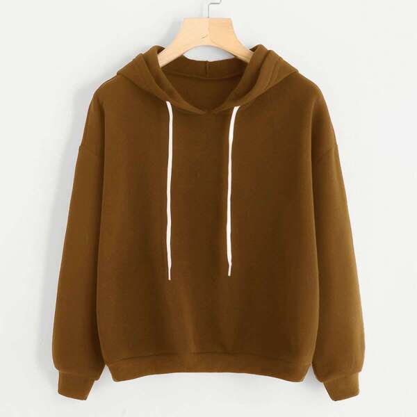 

Drop Shoulder Drawstring Detail Hoodie, Brown
