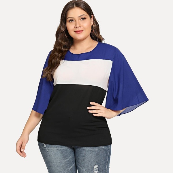 

Plus Color-block Bell Sleeve Blouse