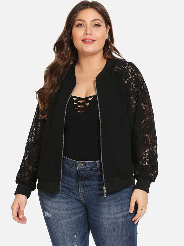 

Plus Floral Lace Insert Bomber Jacket, Black, Carol