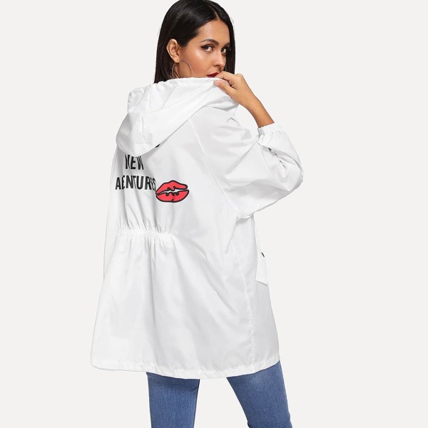 

Letter Print Drawstring Ruched Hooded Outerwear, White