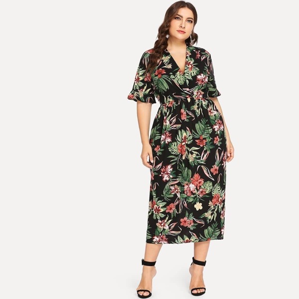 

Plus Ruffle Sleeve Surplice Wrap Tropical Dress