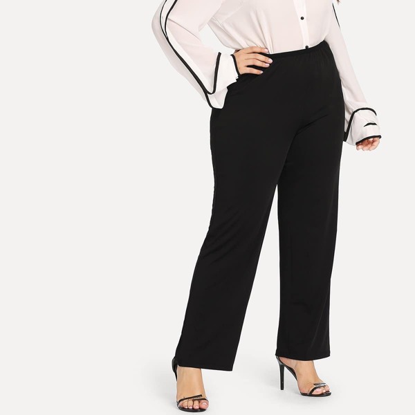 

Plus Solid Elastic Waist Pants, Black