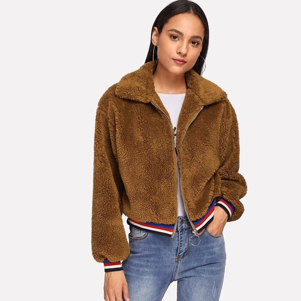 

Striped Hem Zip-Up Teddy Jacket