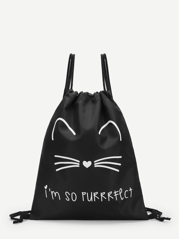 

Cartoon Print Drawstring Backpack, Black