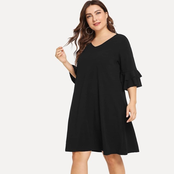 

Plus Flounce Sleeve Solid Swing Dress, Black