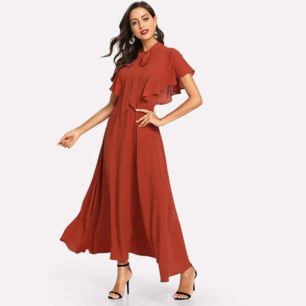 

Tie Neck Flutter Sleeve Fit and Flare Dress