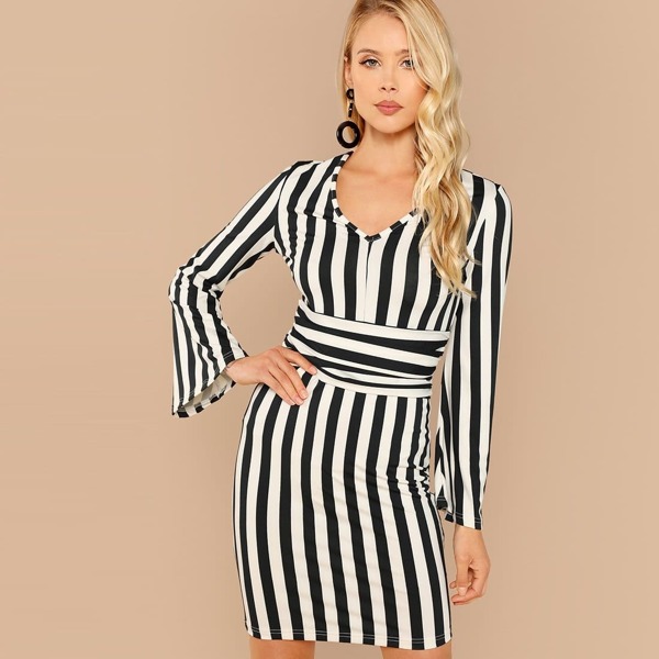 

Plunging Neck Bell Sleeve Striped Dress