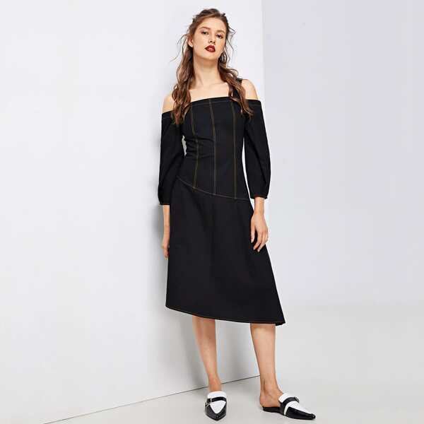 

Cold Shoulder Bishop Sleeve Contrast Stitch Dress