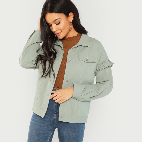 

Ruffle Trim Flap Pocket Jacket, Green