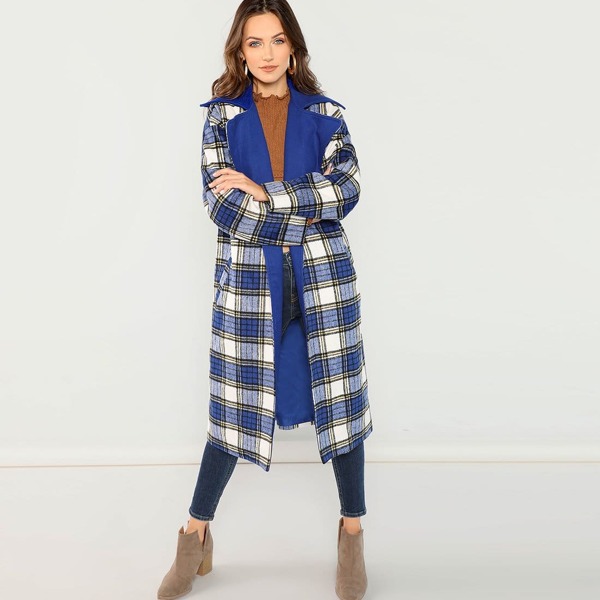 

Notch Collar Drop Shoulder Plaid Longline Coat