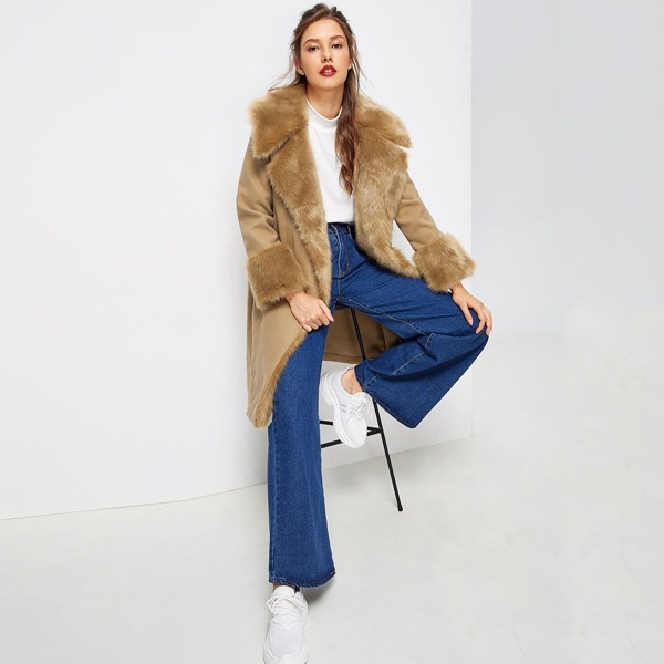 

Shawl Collar Faux Fur Embellished Coat