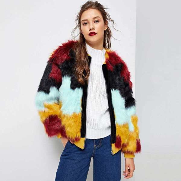 

Cut and Sew Faux Fur Coat, Multicolor