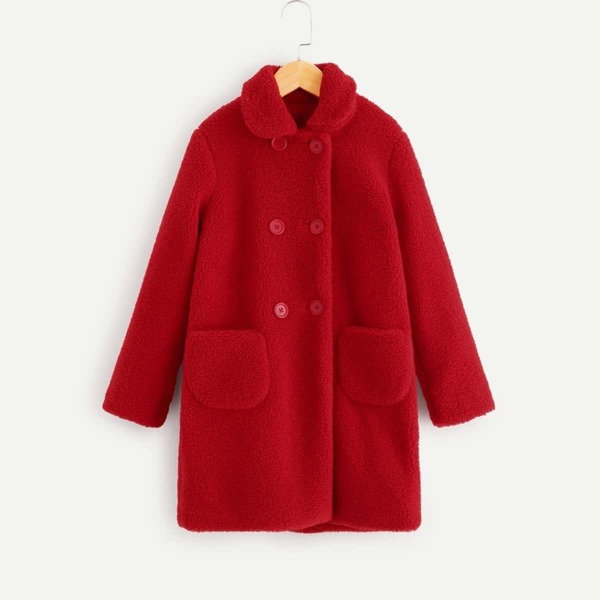 

Girls Pocket Front Double Breasted Teddy Coat, Red