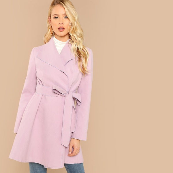 

Waterfall Collar Self Belted Coat, Pastel lilac purple