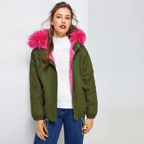 

Faux Fur Contrast Pocket Drawstring Parka Coat