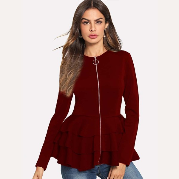 

O-Ring Zip Up Tiered Layer Hem Blazer, Burgundy