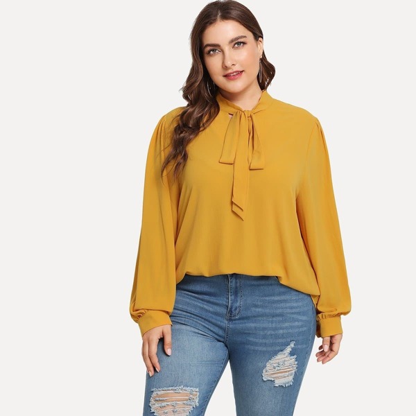 

Plus Tied Neck Solid Blouse