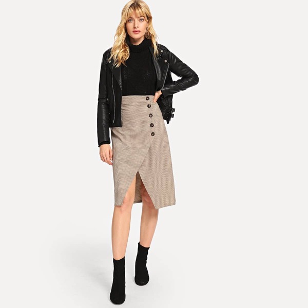 

Button Front Overlap Split Skirt