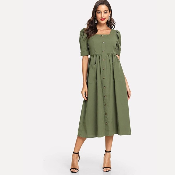 

Puff Sleeve Button Through Pocket Patched Dress, Army green