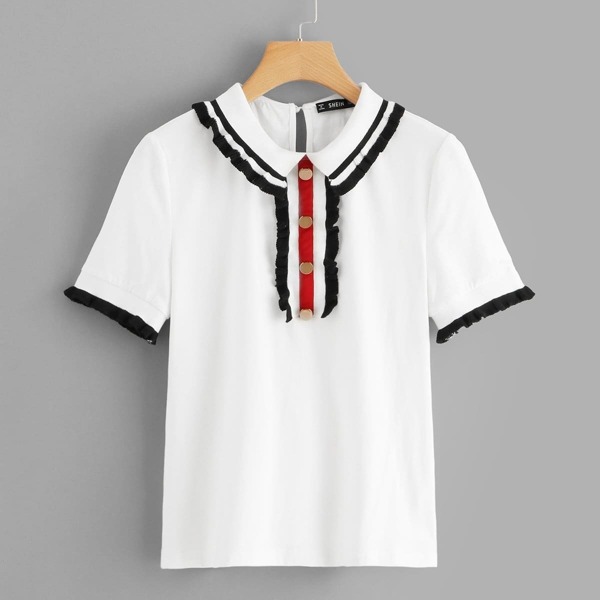 

Half Button Frill Trim Striped Polo Tee, White