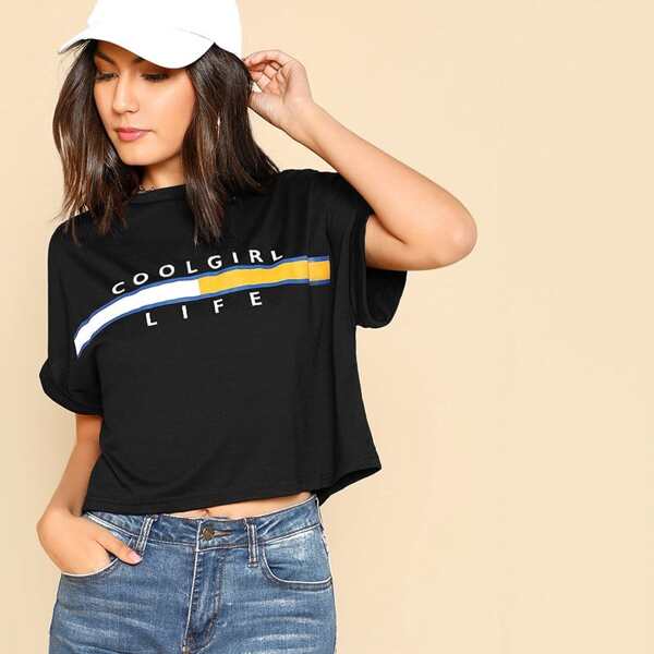 

Letter Print Roll Up Sleeve Boxy Tee, Black