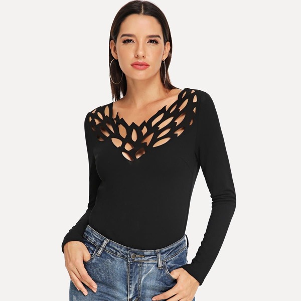 

Laser Cut Neck Top, Black