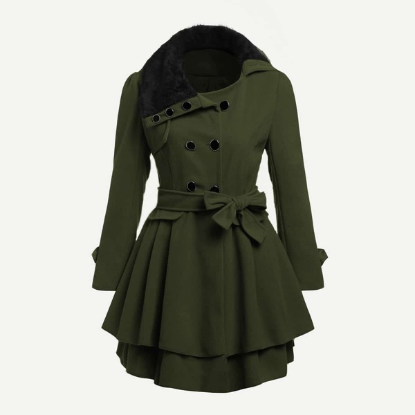 

Contrast Faux Fur Collar Double Layered Hem Coat