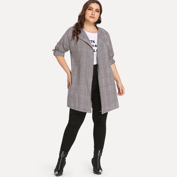 

Plus Plaid Roll-Up Sleeve Coat, Multicolor