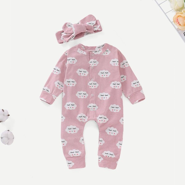 

Toddler Girls Cartoon Print Jumpsuit With Headband, Pink