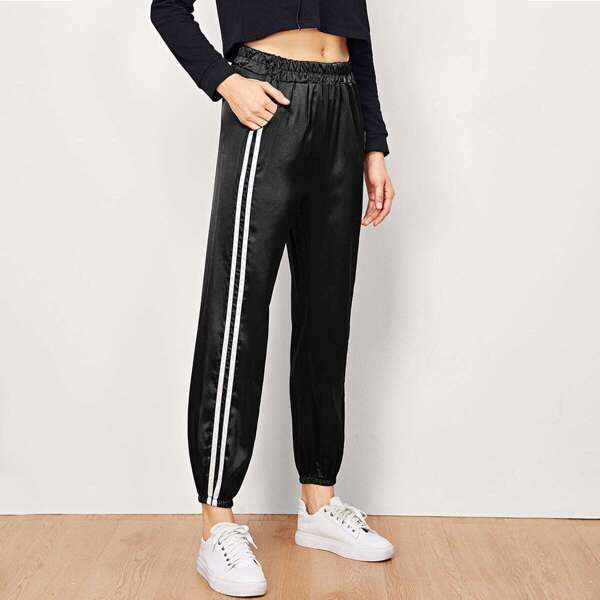

Contrast Striped Side Pants, Black
