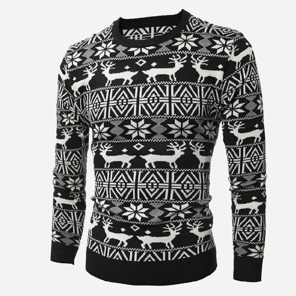 

Men Christmas New Year Fairisle Print Jumper, Black and white
