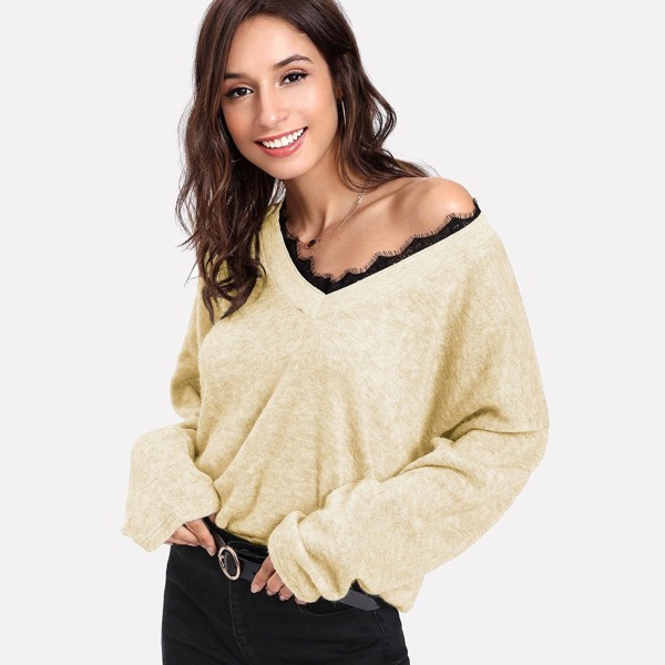 

Contrast Eyelash Lace Jumper, Beige