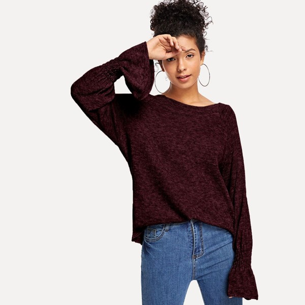 

Flounce Sleeve Solid Sweater, Burgundy