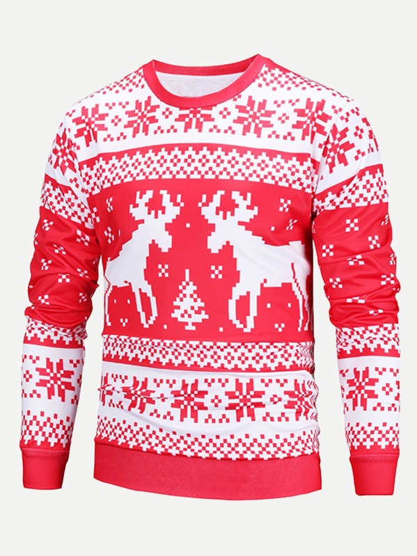 

Men Crew Neck Christmas New Year Fairisle Print Sweatshirt, Red