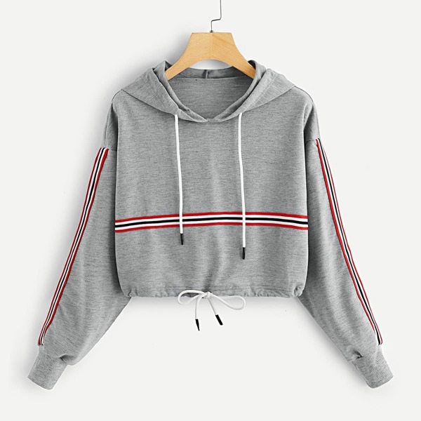

Striped Tape Panel Drawstring Detail Hoodie, Grey