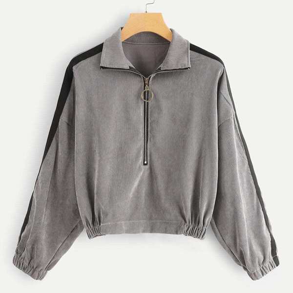 

Tape Detail Quarter Zip Corduroy Sweatshirt, Grey