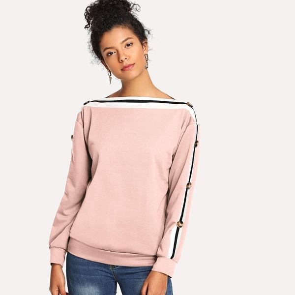 

Striped Button Detail Sweatshirt, Pink