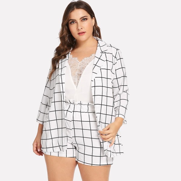 

Plus Open Front Plaid Blazer With Shorts, Black and white