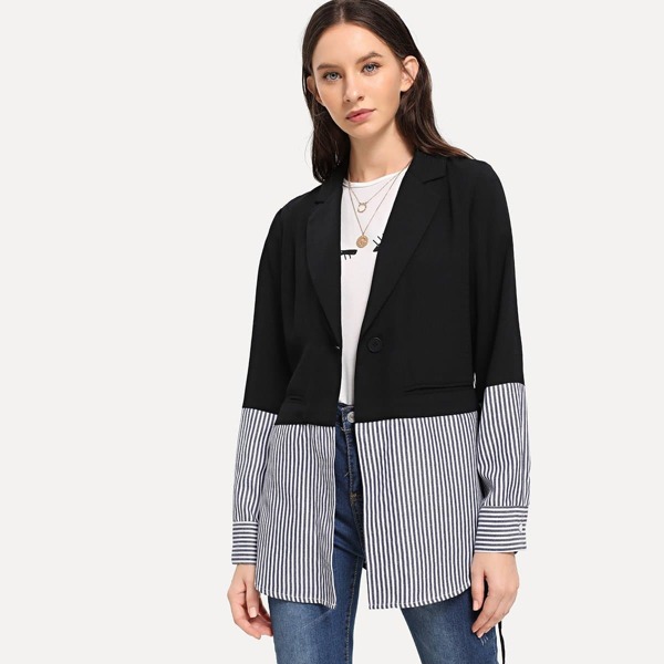 

Tie Waist Mixed Media Striped Blazer