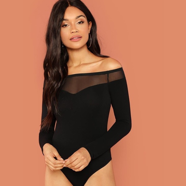 

Mesh Insert Off Shoulder Solid Bodysuit