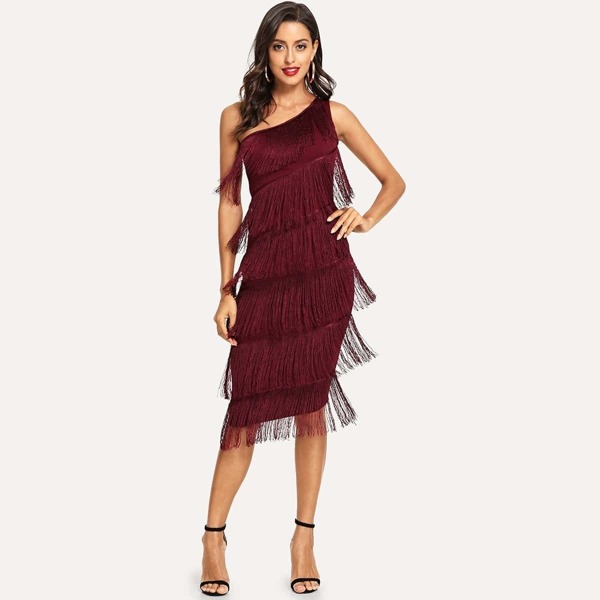 

One Shoulder Tiered Fringe Bodycon Dress
