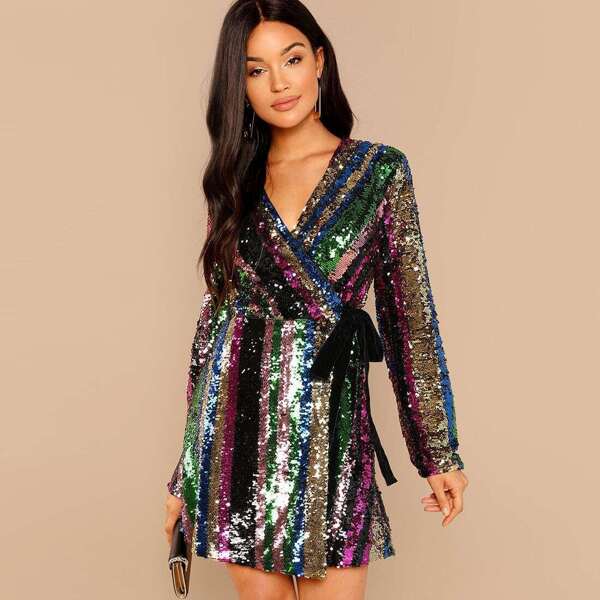 

Color Block Sequin Surplice Dress, Multicolor