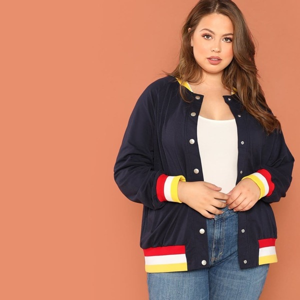 

Plus Striped Trim Raglan Sleeve Sweatshirt, Navy