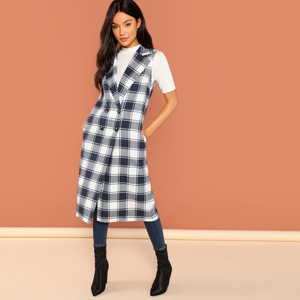 

Double Button Plaid Notched Neck Outerwear