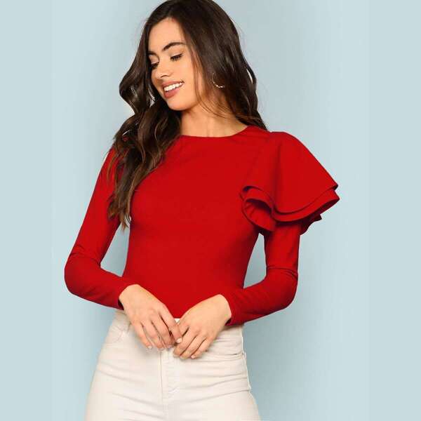 

Zip Back Tiered Ruffle Shoulder Tee, Red