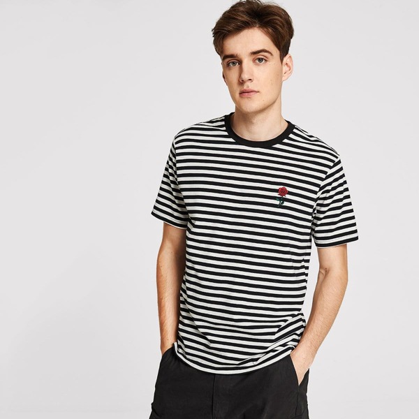 

Men Rose Embroidered Striped Tee, Black and white