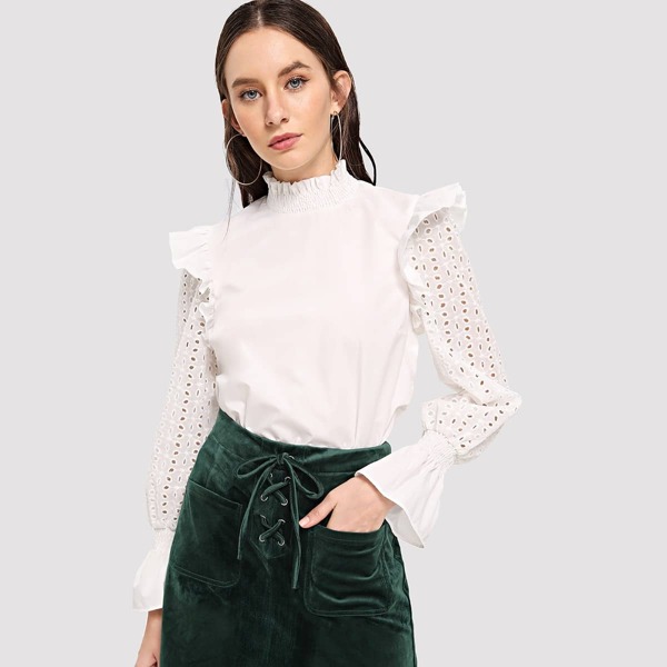 

Schiffy Eyelet Sleeve Shirred Trim Top, Beige