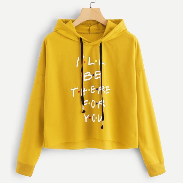 

Letter Print Drawstring Detail Sweatshirt, Yellow